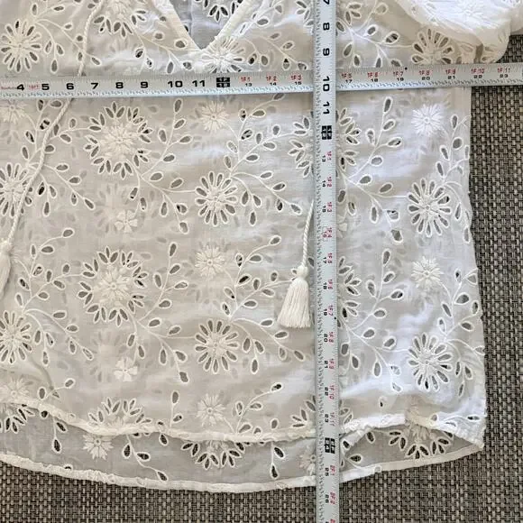 JOHNNY WAS Jade Castillo Silk Cotton Eyelet Tassels Peasant Blouse Top White M - Picture 6 of 6